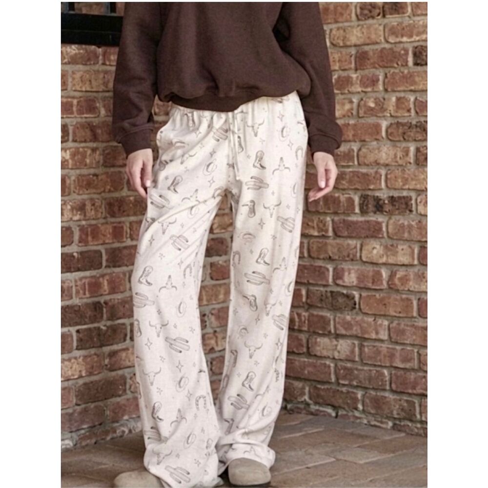 Cali1850 XL Western Print Wide-leg Linen Beach Pants cowgirl boho lounge
